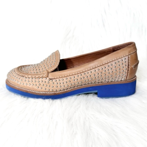 Jeffrey Campbell Tan Leather Silver Studded Blue Sole Slip On Chunky Loafer Flat - Picture 3 of 14